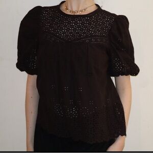 Eyelet Puff-Sleeve Blouse in Dark Brown